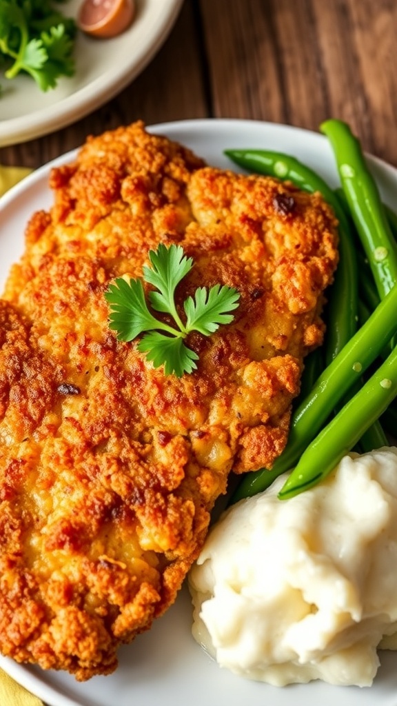 Crispy air fryer chicken fried steak with mashed potatoes and green beans on a rustic table.